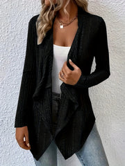 Black ribbed knit waterfall cardigan with long sleeves and open front.