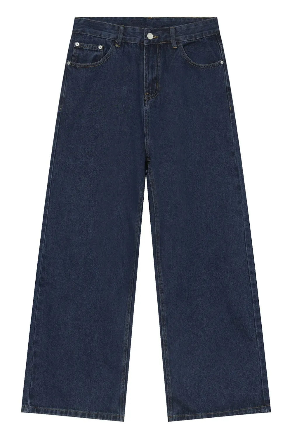 Baggy dark wash denim jeans with a wide leg silhouette and classic five-pocket styling.