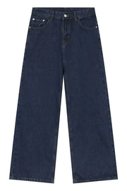 Baggy dark wash denim jeans with a wide leg silhouette and classic five-pocket styling.