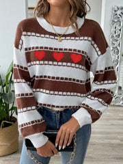 Brown and white striped knit sweater with embroidered red hearts and a crew neck.