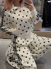 Polka Dot Zip Up Outerwear And Pants Set in Black, back view