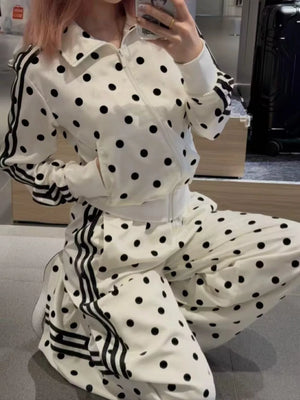 Polka Dot Zip Up Outerwear And Pants Set in Black, back view