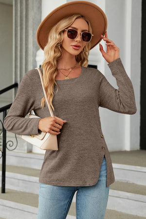 Mocha asymmetric long sleeve top with square neck and button detail on side slit.
