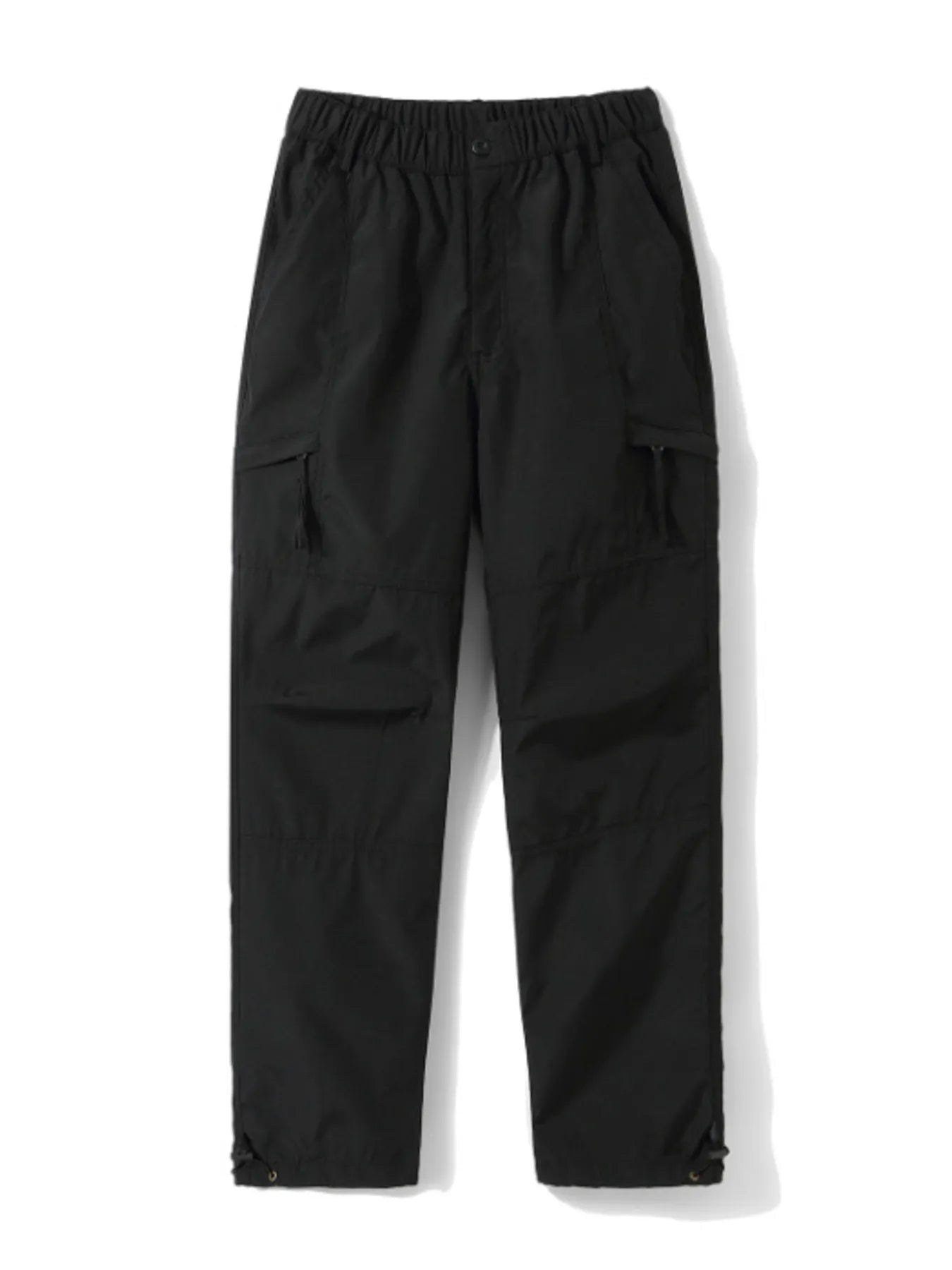 Black relaxed fit cargo pants with multiple pockets and adjustable drawstring cuffs.