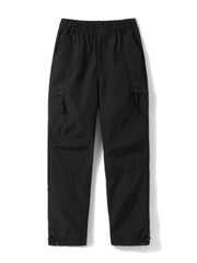 Black relaxed fit cargo pants with multiple pockets and adjustable drawstring cuffs.