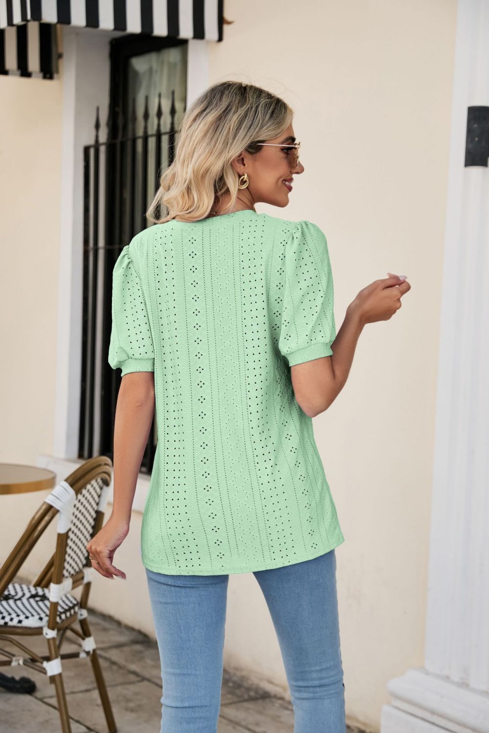 Sage perforated puff sleeve v-neck blouse with eyelet detail