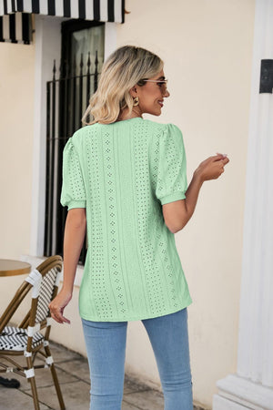 Sage perforated puff sleeve v-neck blouse with eyelet detail