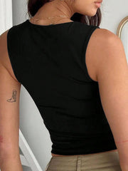 Black square neck tank top with a fitted silhouette.