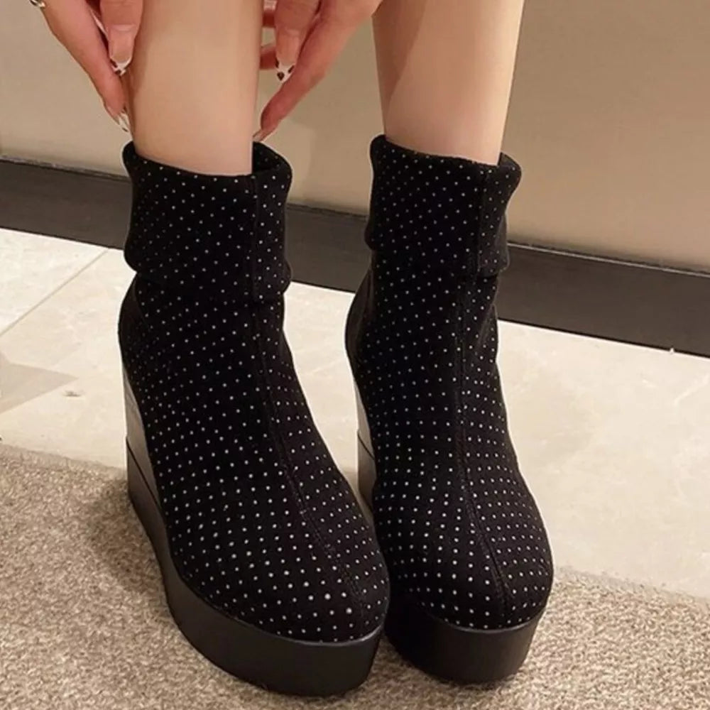 Black polka dot suede wedge boots with platform sole