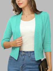 Teal open-front cropped cardigan with elbow sleeves and a relaxed fit.