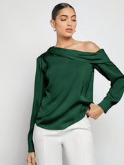 Dark green silk-effect blouse with asymmetric neckline and long sleeves.
