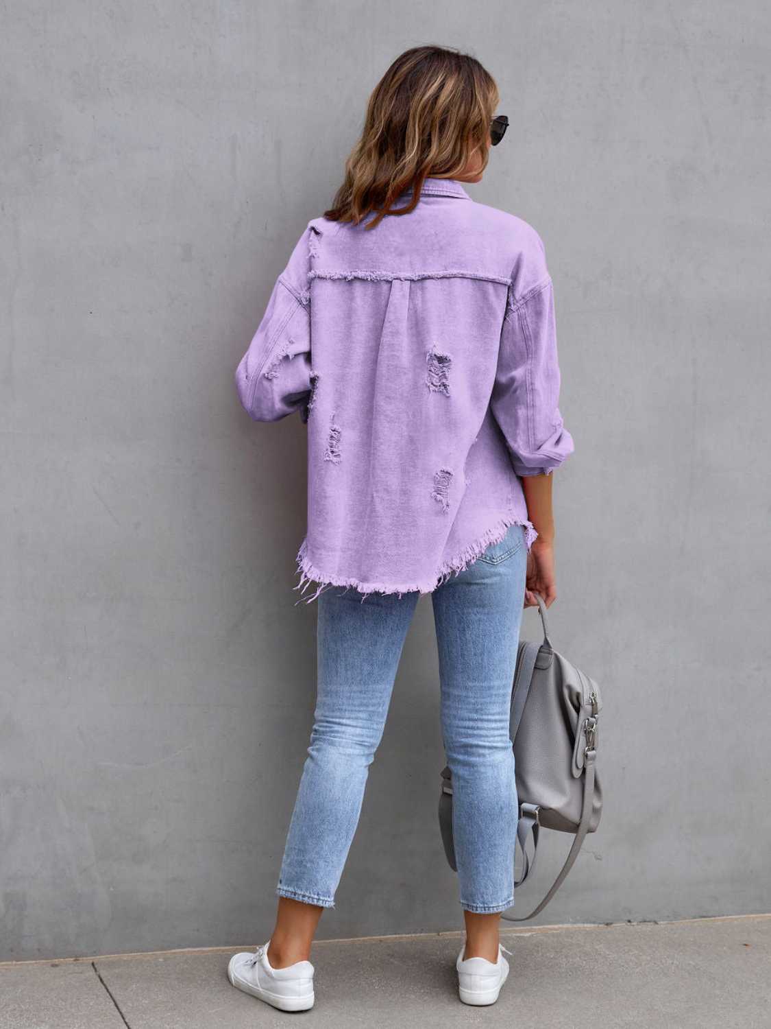 Lavender distressed denim shacket with frayed hem and cuffs.