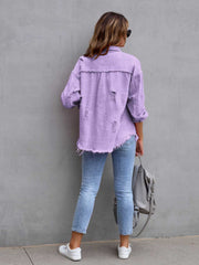 Lavender distressed denim shacket with frayed hem and cuffs.