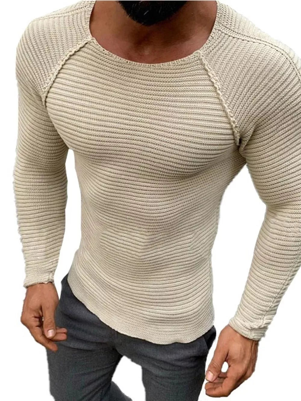 Men's Khaki ribbed knit crew neck long sleeve sweater with raglan sleeves.