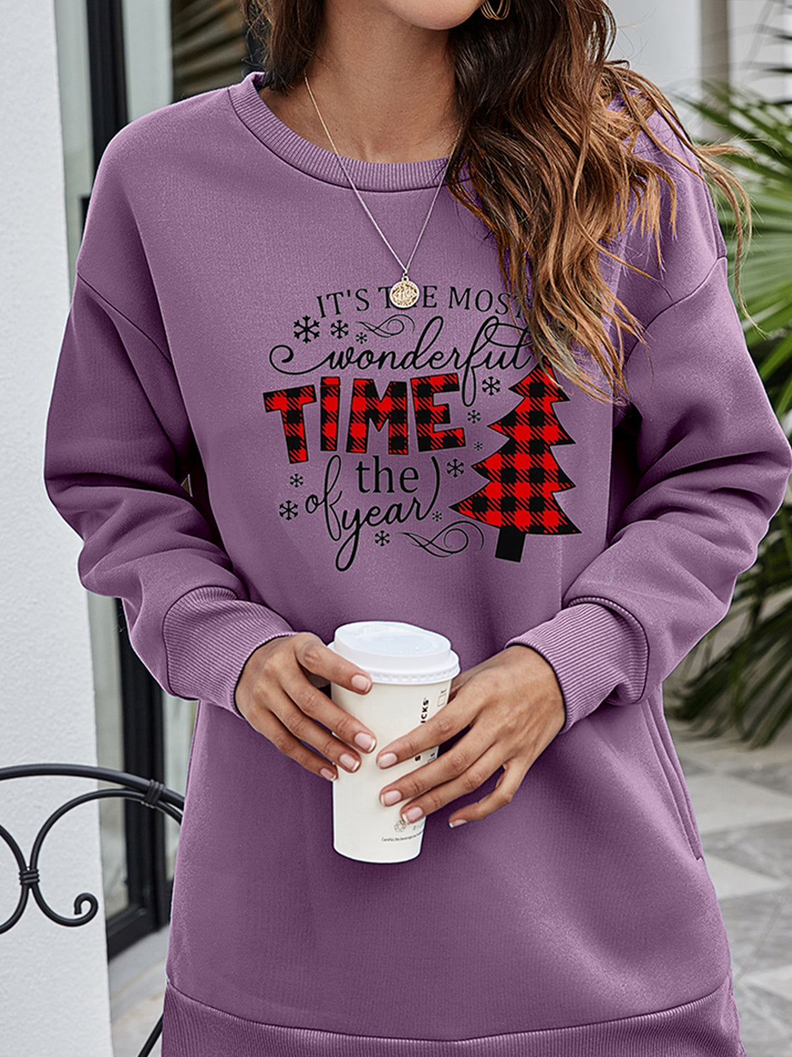 Dusty Purple tunic sweatshirt with holiday graphic and buffalo plaid Christmas tree.