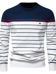 Crewneck sweater with navy and white horizontal stripes, red accent stripe, and navy block knit top.