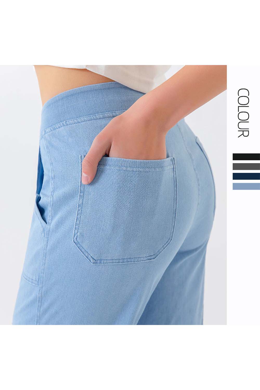 Light wash denim cargo pants with back pocket detail