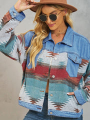 Southwestern denim jacket in dusty blue with patchwork pattern, buttoned front, and chest pockets.