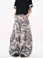 Urban camo oversized cargo sweatpants with multiple pockets and a relaxed fit.