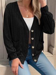 Black ribbed knit button-down cardigan with pockets and cream buttons.