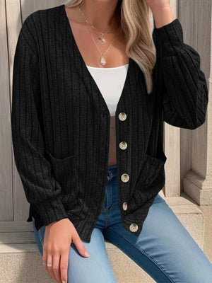 Black ribbed knit button-down cardigan with pockets and cream buttons.