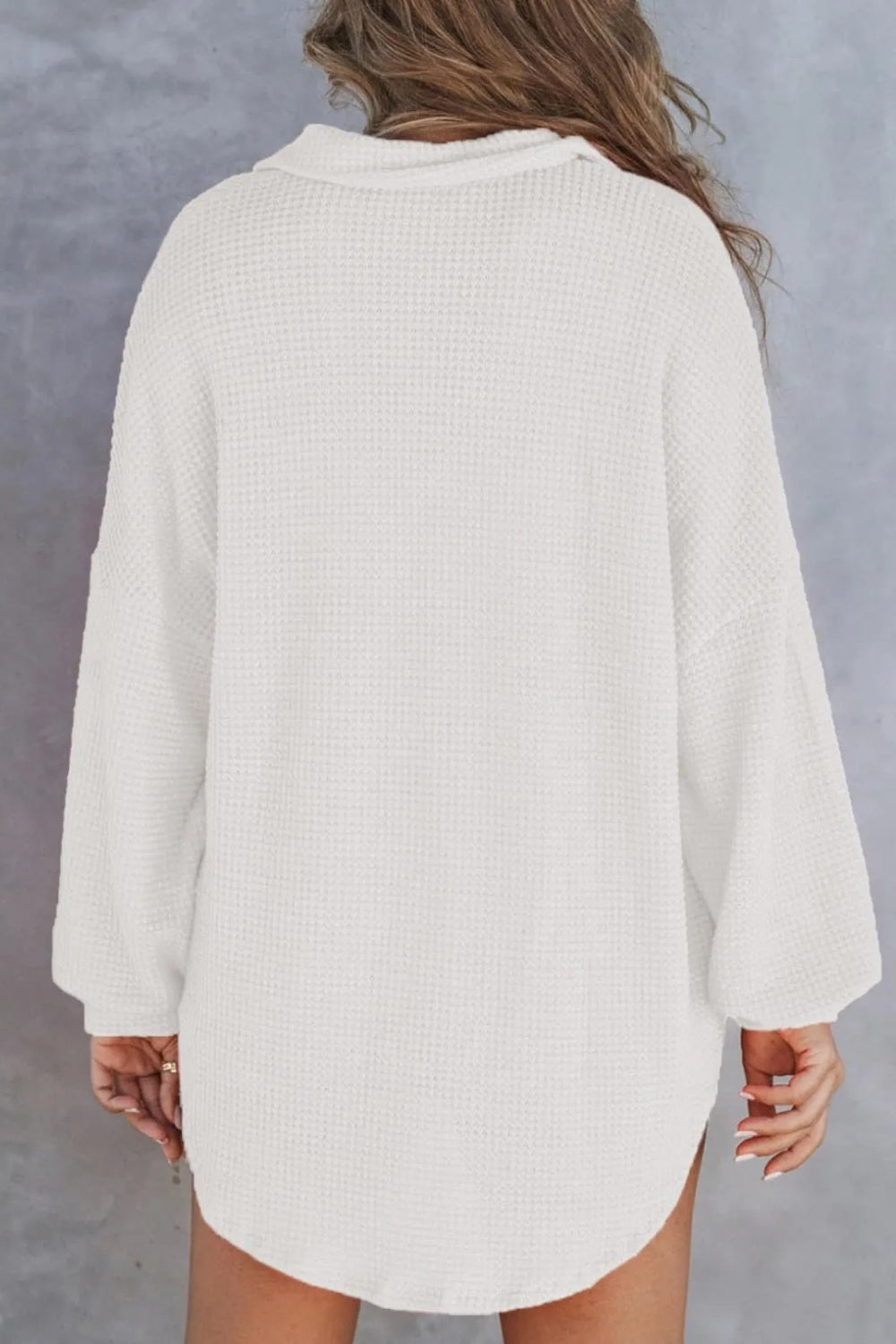 White waffle knit henley shirt with button detail and pocket