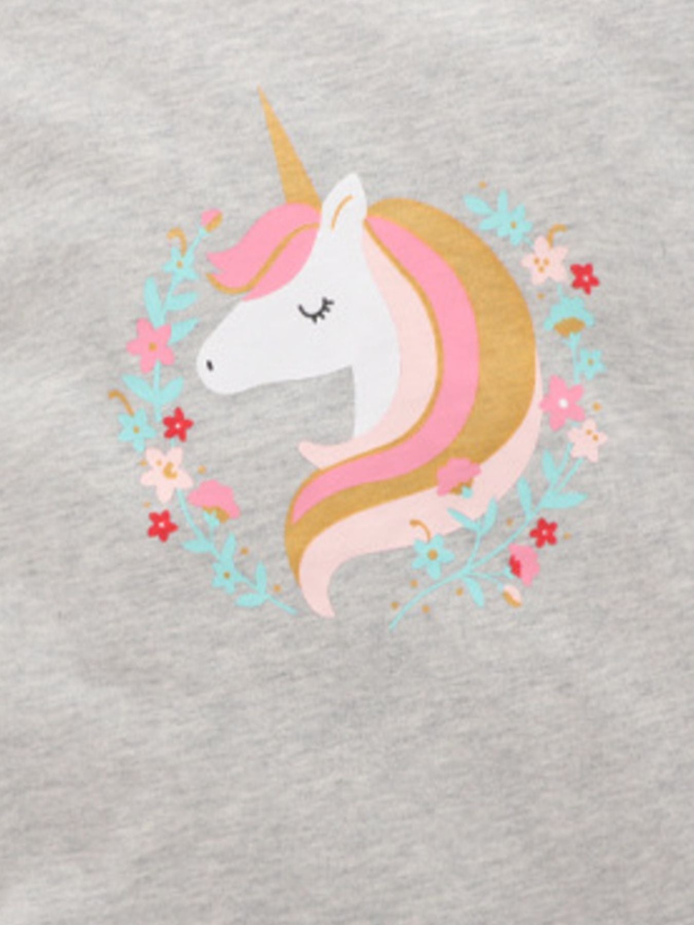 Toddler grey cotton t-shirt with a unicorn graphic surrounded by flowers.
