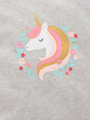 Toddler grey cotton t-shirt with a unicorn graphic surrounded by flowers.