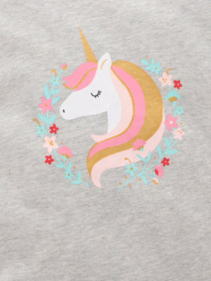 Toddler grey cotton t-shirt with a unicorn graphic surrounded by flowers.