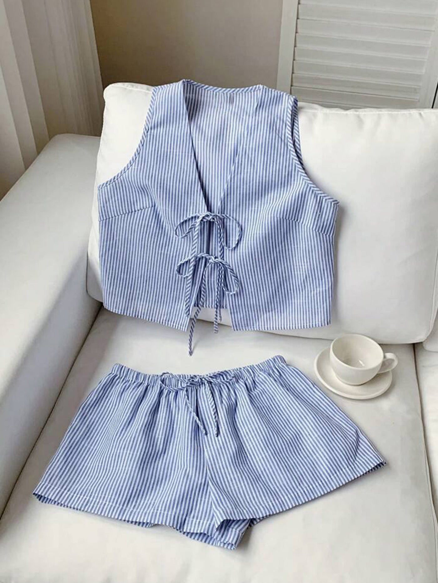 Blue striped tie-front vest and drawstring elastic shorts set
