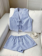 Blue striped tie-front vest and drawstring elastic shorts set