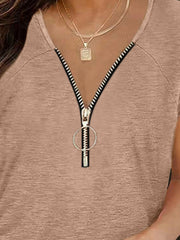 Camel zip-front ruched cap-sleeve tee with ring detail
