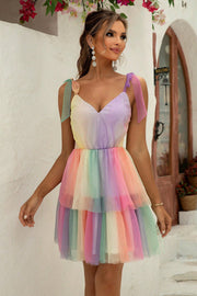 Rainbow tulle mini dress with tie straps and tiered skirt