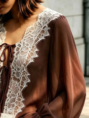Sheer Lace-trimmed Front Tie Blouse in Khaki, product detail