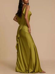 Satin maxi dress with cowl neck and draped back detail in olive green.