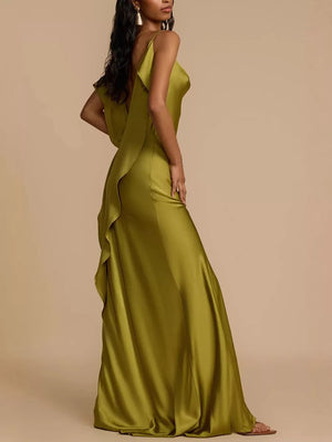 Satin maxi dress with cowl neck and draped back detail in olive green.