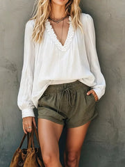 Frill V-neck Long Sleeve Blouse in White, front view