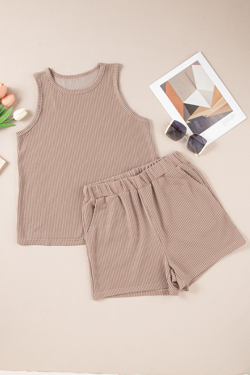Tan textured stripe tank top and shorts set with ribbed fabric and elastic waist.
