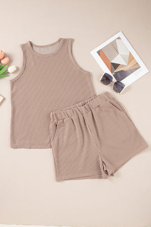 Tan textured stripe tank top and shorts set with ribbed fabric and elastic waist.