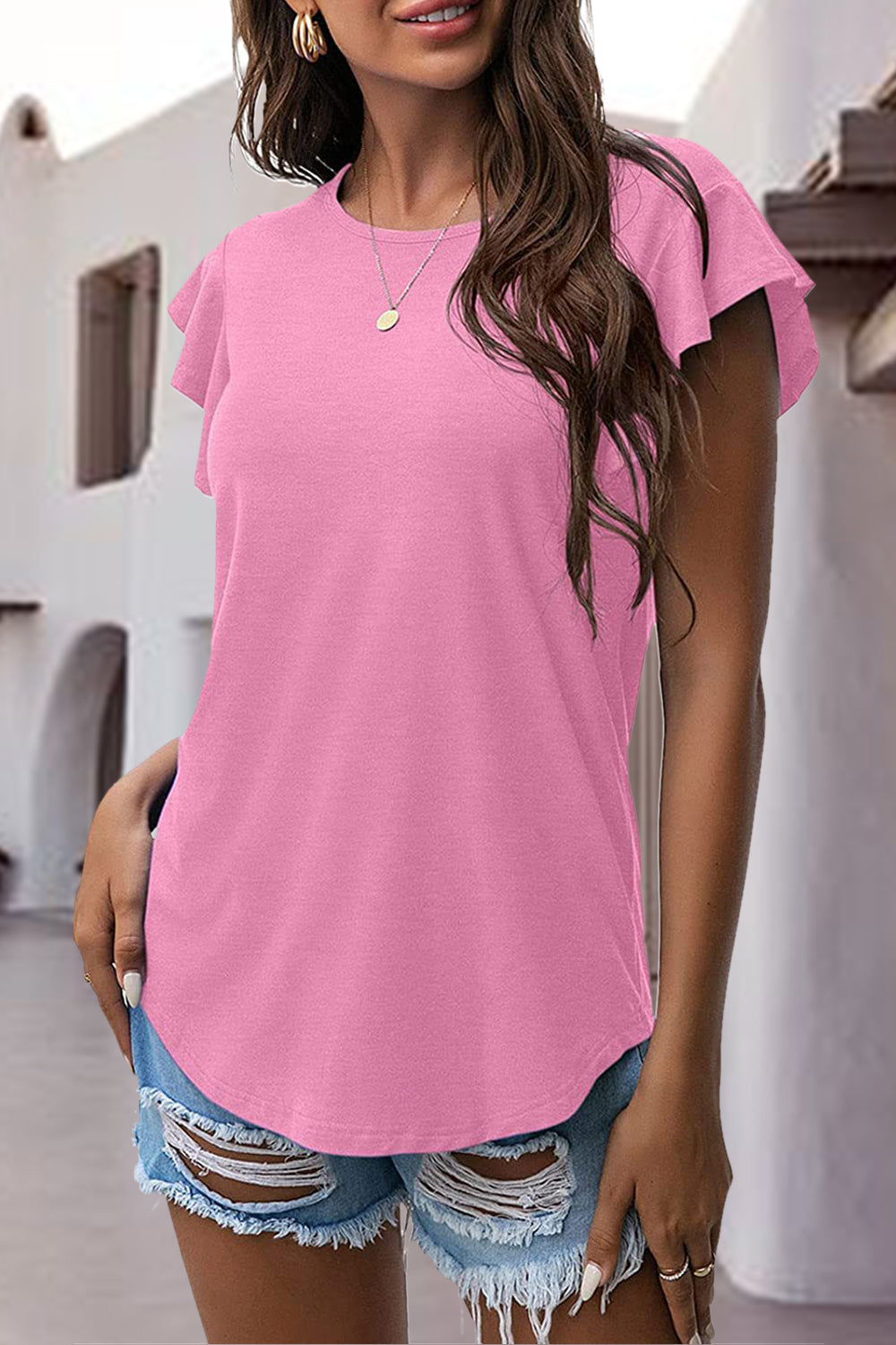 Pink ruffled sleeve t-shirt with a round neckline and curved hem.