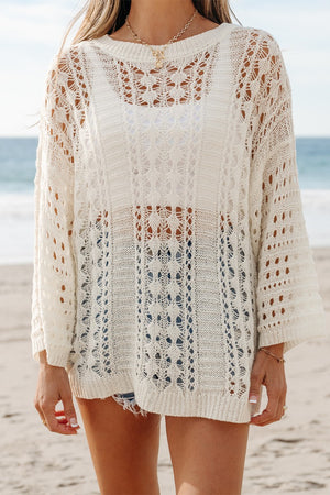 Openwork knit beach cover-up in beige with a relaxed fit and intricate stitch details.