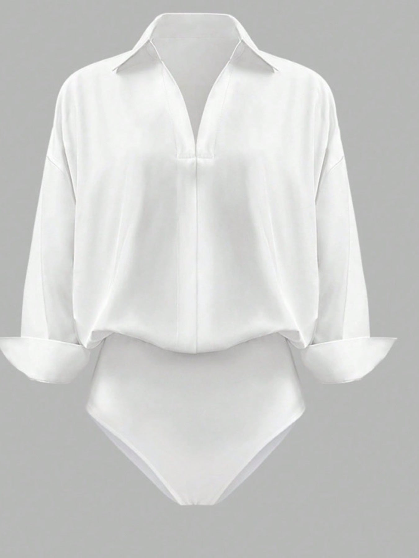 White collared long sleeve bodysuit with cuffed sleeves and a deep V-neckline.