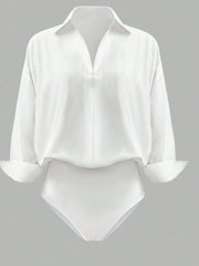 White collared long sleeve bodysuit with cuffed sleeves and a deep V-neckline.
