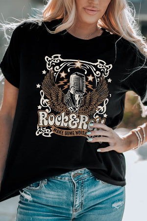 Black graphic tee with a vintage microphone, wings, and Rock & Roll text.