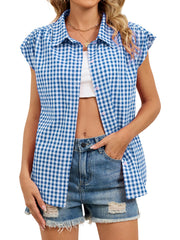 Blue gingham cotton shirt with cap sleeves and button-down front.