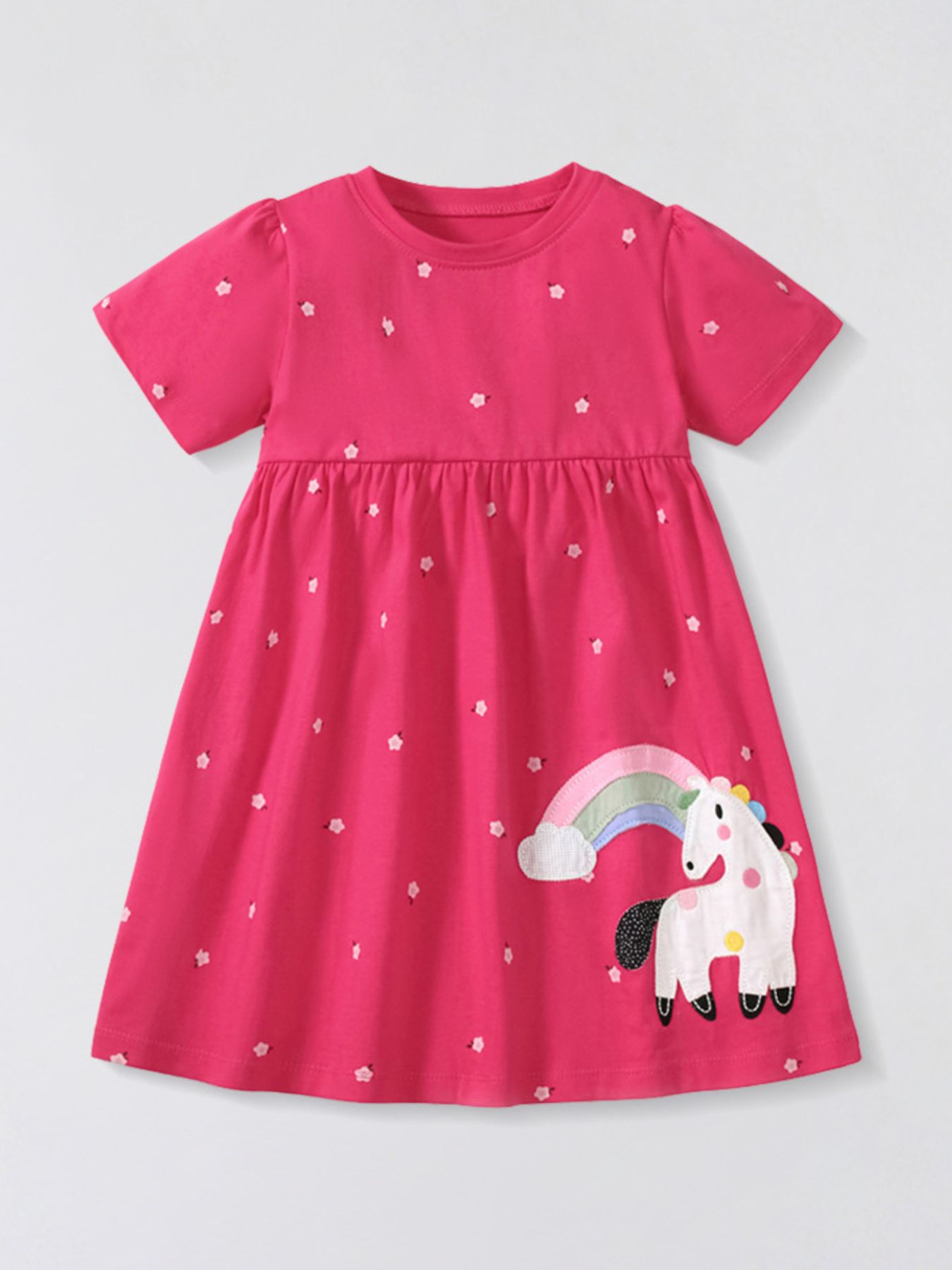Toddler girls pink cotton aline dress with unicorn and rainbow applique.