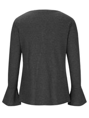Dark gray ribbed knit top with layered bell sleeves and decorative button detail.