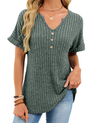Ribbed knit short sleeve t-shirt in army green with V-neck and decorative buttons, featuring a curved hem.