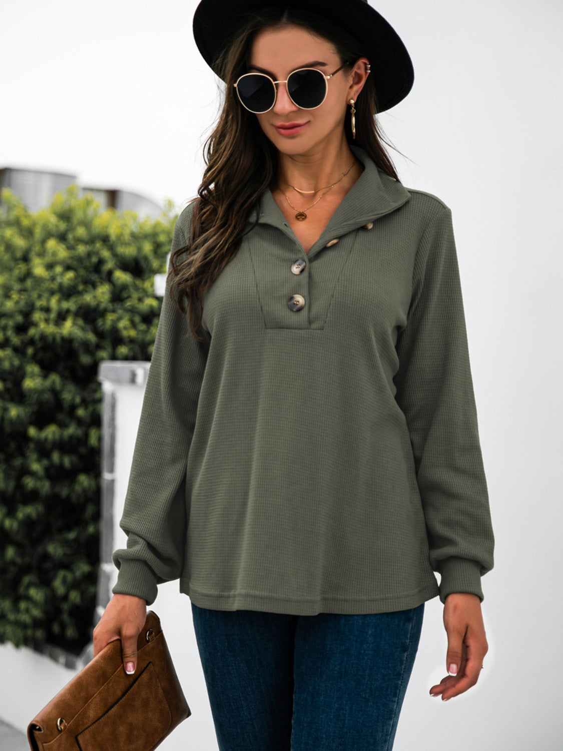 Button Chic Long Sleeve Tee in Army Green with waffle texture and button neckline.