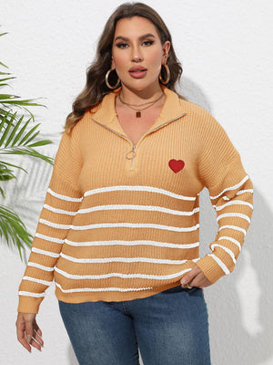Tangerine ribbed knit sweater with white stripes, quarter zip, and red heart appliqué.